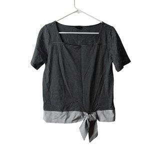 Ann Taylor Navy Blue Striped Tie Front Square Neck Short Sleeve Blouse